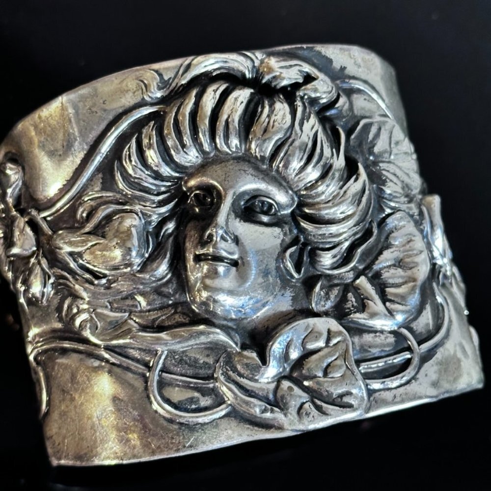 Gibson Girl Sterling Silver Art Nouveau Cuff Bracelet Victorian Antique Face 925 - Picture 3 of 7